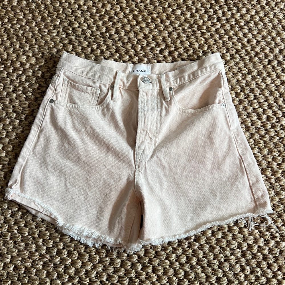 Frame Denim Cream Jean Shorts High-Waisted Raw Hem